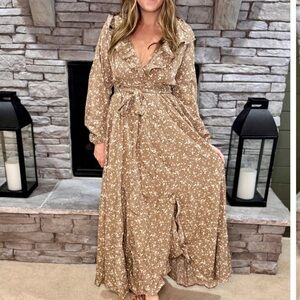 HENLY|| Brown Flowered Long Wrap Dress